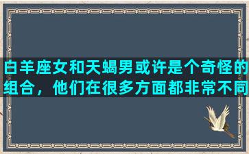 白羊座女和天蝎男或许是个奇怪的组合，他们在很多方面都非常不同，但也正是这种不同，让他们有了许多有趣的奇遇和挑战。白羊座女是一个非常热情和冲动的人，她喜欢追求激情